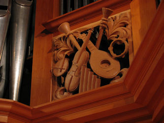 pipe shade carving, Carved ornament & flower, Fritts pipe organ, Grace Lutheran, Tacoma, WA